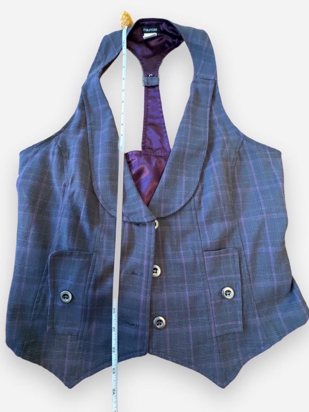 Maurices Plaid Halter Vest Women Large Gray Purple Y2K Siren Academia Waistcoat